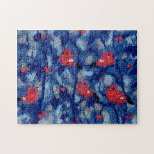Dompfaffen, rote Vögel, blaue Wald Bäume, Faserkun Puzzle (Horizontal)