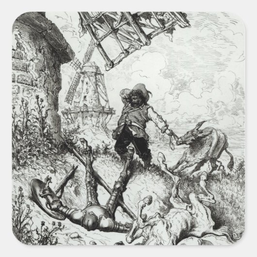 Don Quixote und die Windmühlen Quadratischer Aufkleber (Vorderseite)
