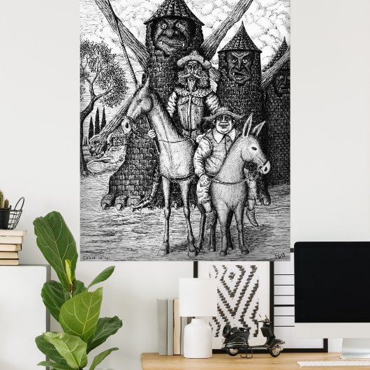 Don Quixote und Sancho Panza Tintenstift zeichnend Poster (Heimbüro)