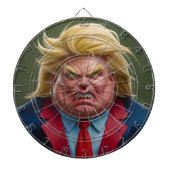 Donald Trump mit dem Cartoon der Angry Dartscheibe (vorne)