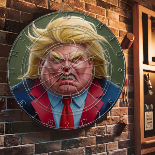 Donald Trump mit dem Cartoon der Angry Dartscheibe