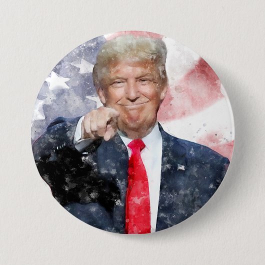 Donald Trump weist auf amerikanische Flagge Button (Vorderseite)