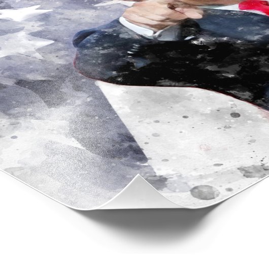 Donald Trump weist auf amerikanische Flagge Fotodruck (Ecke)