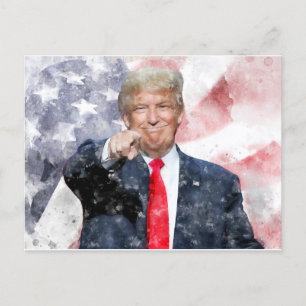 Donald Trump weist auf amerikanische Flagge Postkarte