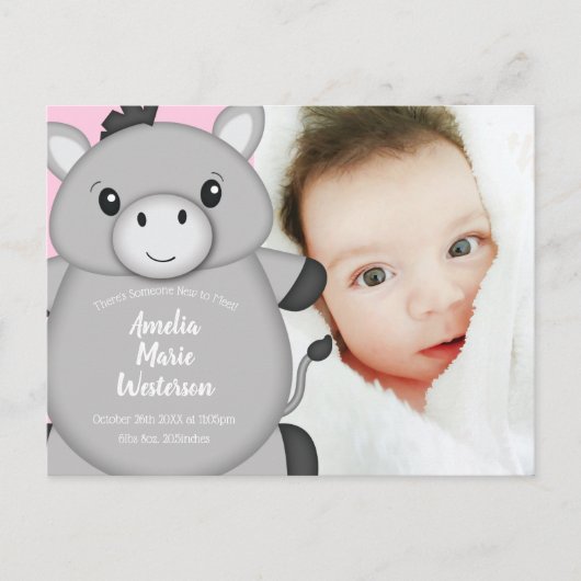 Donkey Baby Announcement Girl Pink Postkarte (Vorderseite)