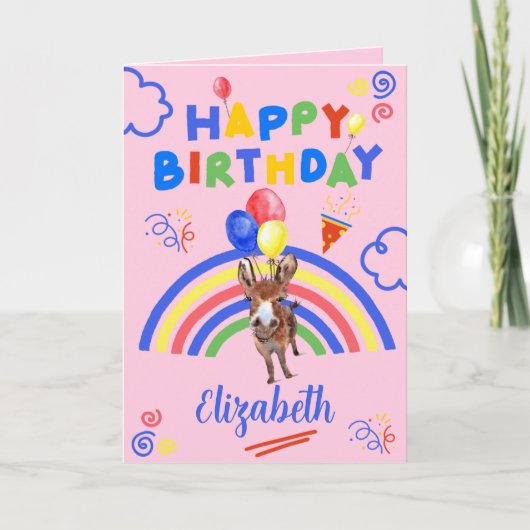 Donkey Birthday Card in Pink Karte (Vorderseite)