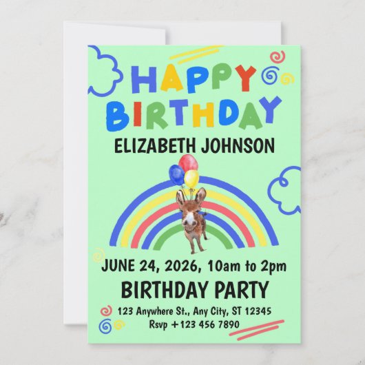 Donkey Birthday Invitation in Green Einladung (Vorderseite)