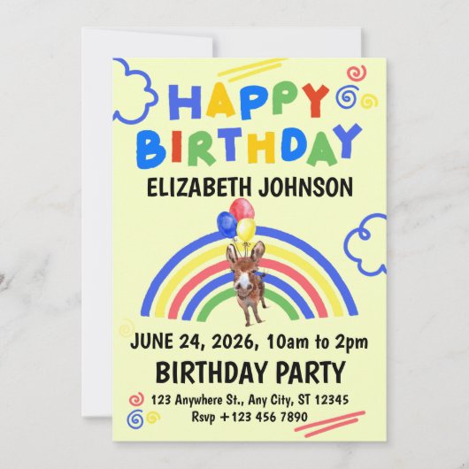 Donkey Birthday Invitation in Yellow Einladung (Vorderseite)