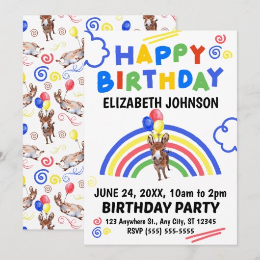Donkey Birthday Invitation White Einladung (Vorne/Hinten)