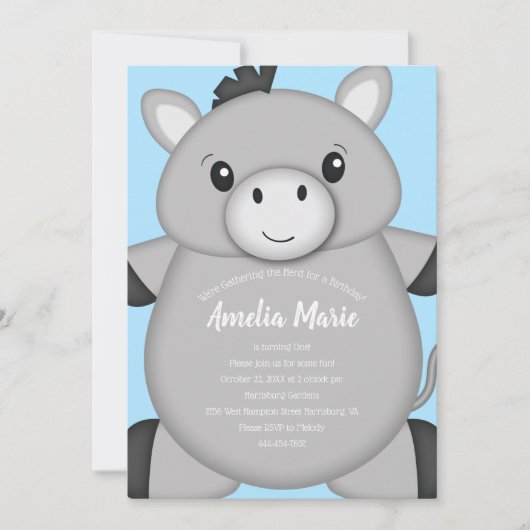 Donkey Birthday Party Blue Einladung (Vorderseite)