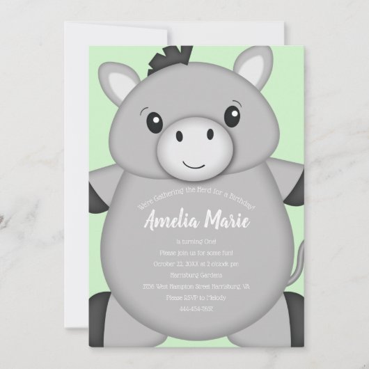 Donkey Birthday Party Green Einladung (Vorderseite)