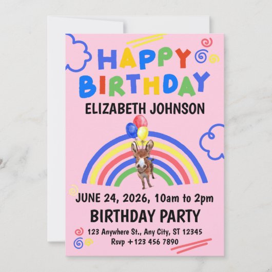 Donkey Birthday Party Invitation Pink Einladung (Vorderseite)