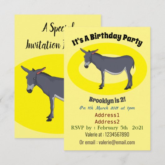 Donkey Cartoon Einladung (Vorne/Hinten)