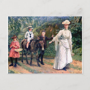 Donkey Children Mother Antique Malerei Postkarte