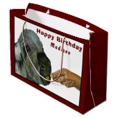 Donkey isst eine große Geschenktasche für Apple Geschenktüte (Rückseite Schrägansicht)