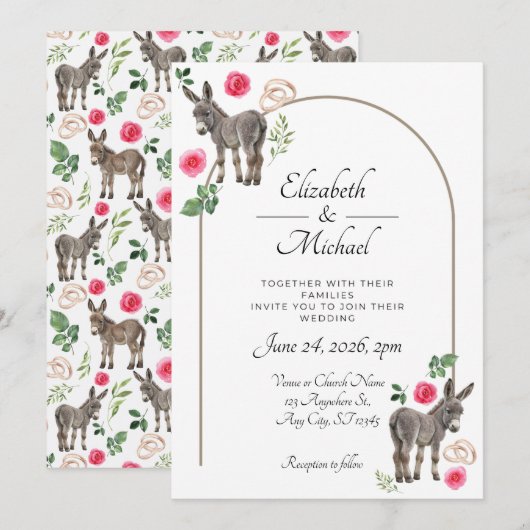 Donkey Pink Floral Rustic Wedding Einladung (Vorne/Hinten)