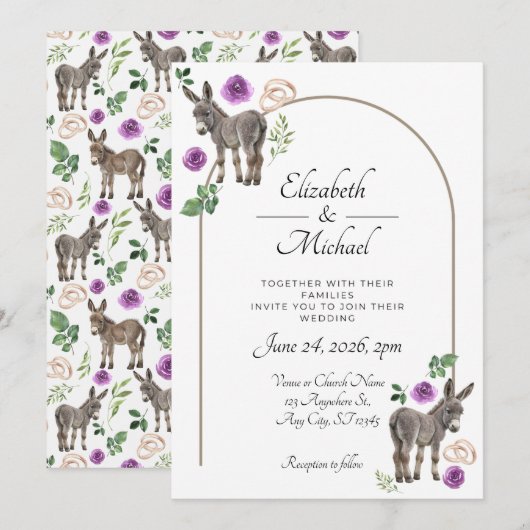 Donkey Purple Floral Rustic Wedding Einladung (Vorne/Hinten)