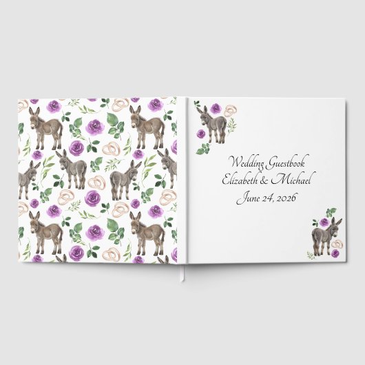 Donkey Purple Floral Rustic Wedding Gästebuch (Voll)