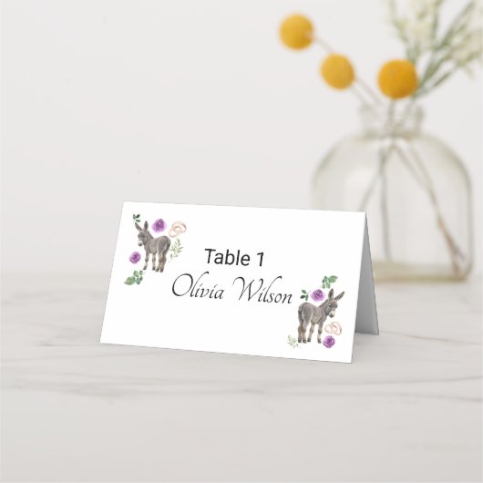 Donkey Purple Floral Rustic Wedding Platzkarte (Vorderseite)