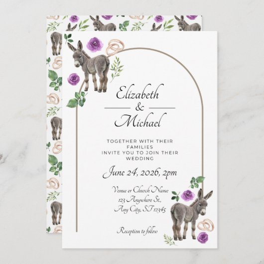 Donkey Purple Floral Wedding Invitation Einladung (Vorne/Hinten)