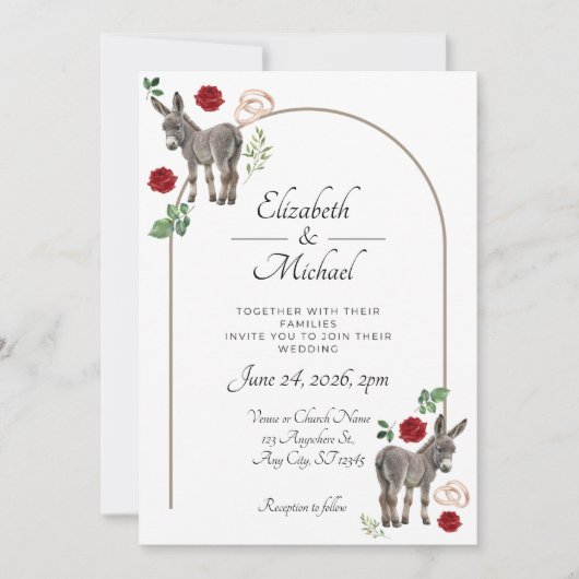 Donkey Red Floral Rustic Wedding Einladung (Vorderseite)