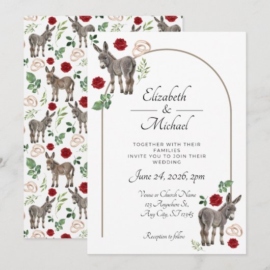 Donkey Red Floral Rustic Wedding Einladung (Vorne/Hinten)