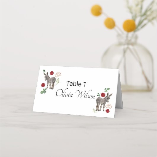 Donkey Red Floral Rustic Wedding Platzkarte (Vorderseite)