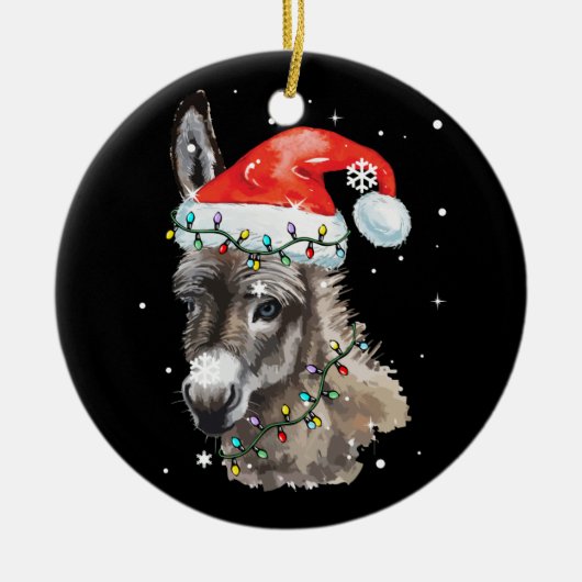 Donkey Weihnachtsfarbenleuchten Weihnachtsmannmütz Keramik Ornament (Vorne)