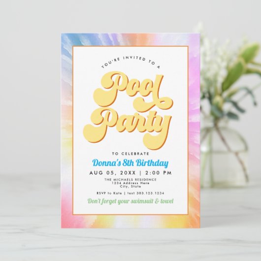 DONNA Retro Schriftart Gefärbte Krawatte Pool Part Einladung (Stehend Vorderseite)