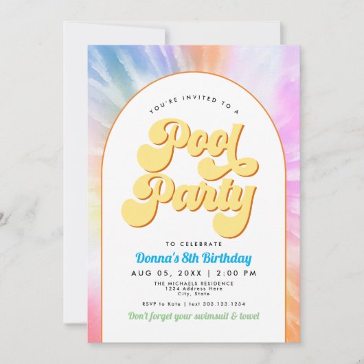 DONNA Retro Schriftart Gefärbte Krawatte Pool Part Einladung (Vorderseite)