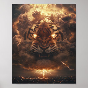 Donnernder Tiger erhebt sich aus dem Sturm Poster