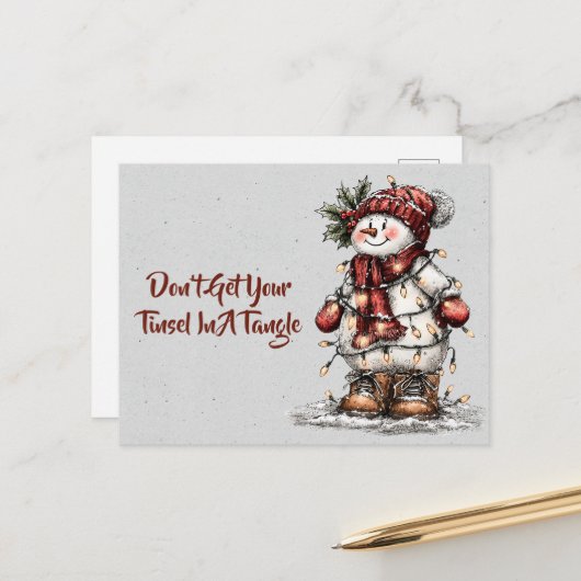 Don't Get Your Tinsel In A Tangle Snowman Postkarte (Vorderseite/Rückseite Beispiel)