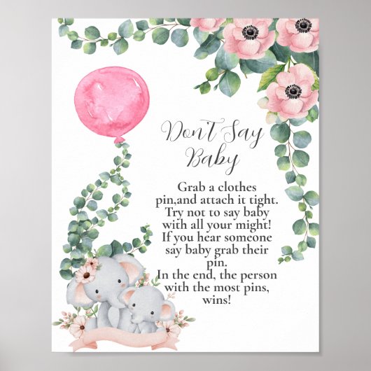 Don't say baby Elephant Pink Balloon Eucalyptus Poster (Vorne)