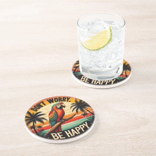 Don't Worry, Be Happy Round Tropical Parrot Art Getränkeuntersetzer (Seite)