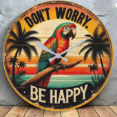 Don't Worry, Be Happy Round Tropical Parrot Art Große Wanduhr