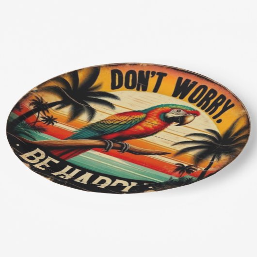 Don't Worry, Be Happy Round Tropical Parrot Art Pappteller (Schrägansicht)