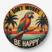 Don't Worry, Be Happy Round Tropical Parrot Art Pappteller (Vorderseite)