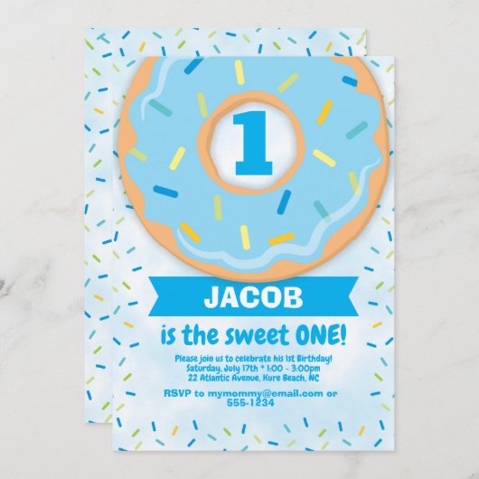 Donut 1. Geburtstag Einladung Junge Sprinklen (Vorne/Hinten)