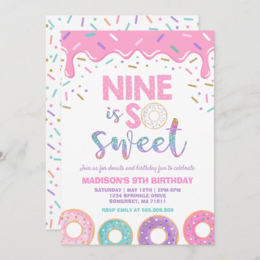 Donut 9. Geburtstag Einladung Donut Nine ist süß (Vorne/Hinten)