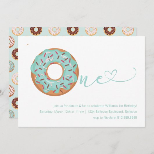 Donut Aquamarin Blue & Sprinkles 1. Geburtstag Einladung (Vorne/Hinten)
