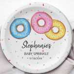 Donut Baby Sprinkle Baby Dusche Pappteller<br><div class="desc">Diese niedlichen Baby-Sprinkle-Papier-Teller sind mit Aquarellnüssen in Rosa,  Blau und Gelb dekoriert. Perfekt für ein geschlechtsneutrales Baby-Fest. Einfach anpassbar. Weil wir unsere Kunstwerke erstellen,  werden Sie dieses exakte Bild von anderen Designern nicht finden. Original Wasserfarbe © Michele Davies.</div>