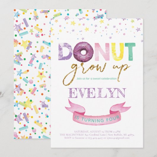Donut Birthday Einladung Donut Grow Up Party (Vorne/Hinten)