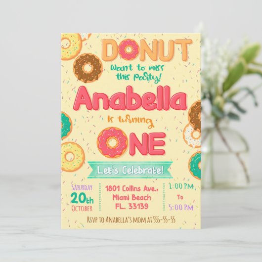 Donut Birthday Einladung, Donut Party Einladung (Stehend Vorderseite)