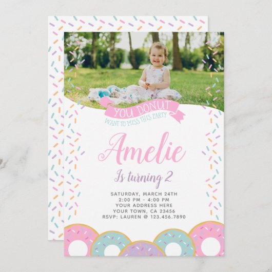 Donut Birthday Einladung mit Foto (Vorne/Hinten)