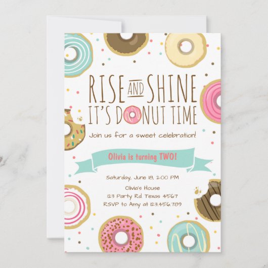 Donut Birthday Party Einladung Rise und Shine (Vorderseite)