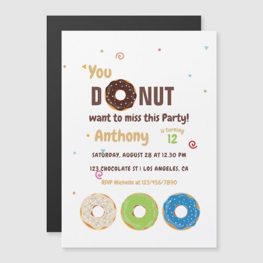 Donut Birthday Party Magneteinladung (Vorne/Hinten)