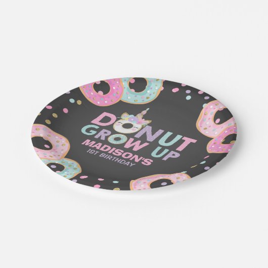 Donut Birthday Party Paper Plate Donut & Unicorn Pappteller (Schrägansicht)