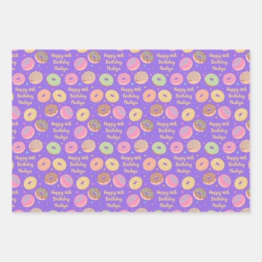 Donut Birthday Wrapping Paper Sheets - Lila rosa Geschenkpapier Set (Vorderseite)