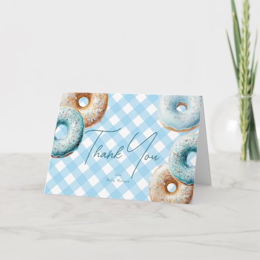 Donut | Blue Gingham Boy Baby Shower Dankeskarte (Vorderseite)