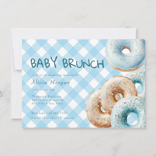 Donut | Blue Gingham Boy Baby Shower Einladung (Vorderseite)